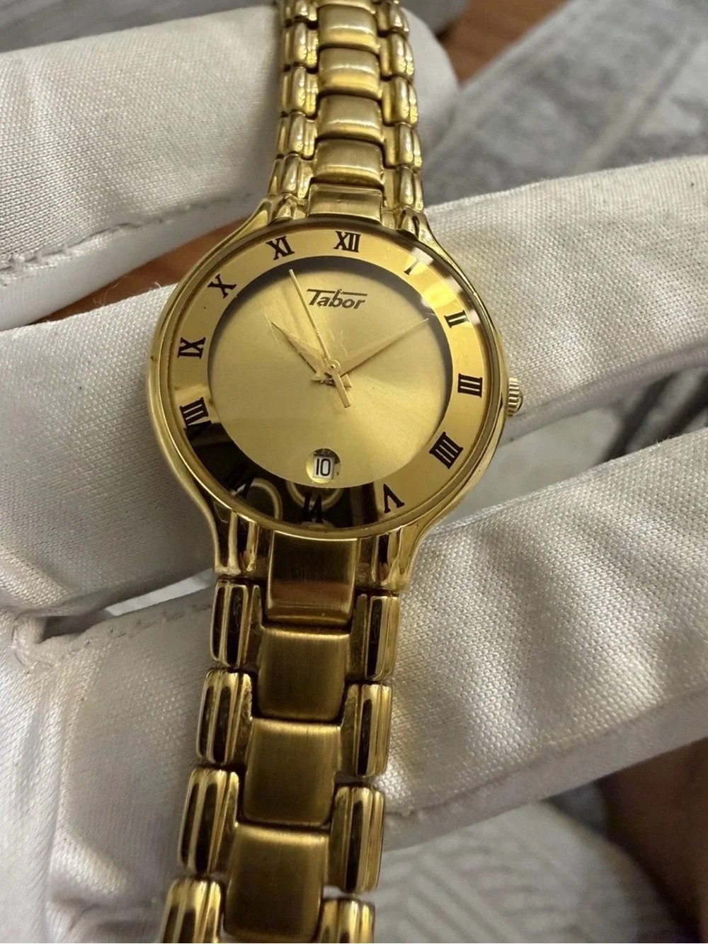 Tabor Swiss Quartz Watch Gold Tone Ladies Dress Bracelet Roman Bezel Date Vtg